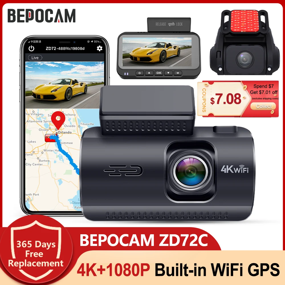 BEPOCAM ZD72C Dashcam 4K für Autokamera vorne und hinten, integriertes GPS, WIFI, DVR, Dashcam,