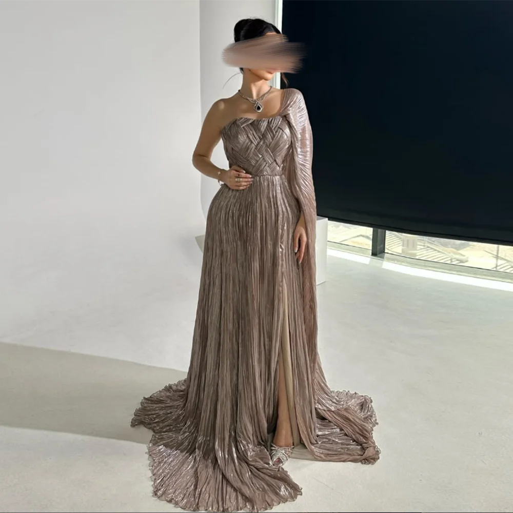 

Customized One-Shoulder Evening Dresses Pleat Draped Long Chiffon Prom Gown Modern Backless Side High Split Floor-Length Dress