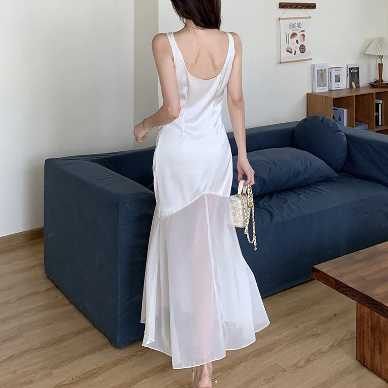 U ネックステインドレス U ネックノースリーブベストドレス夏の女性スパゲッティストラップフィッシュテールマーメイドドレスクラブパーティーボディコンメッシュドレス