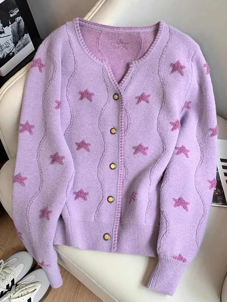 

Zoki Stars Print Винтажный кардиган женский повседневный милый свободный вязаный свитер с длинными рукавами в Корейском стиле ретро с круглым вырезом женские фиолетовые топы новые