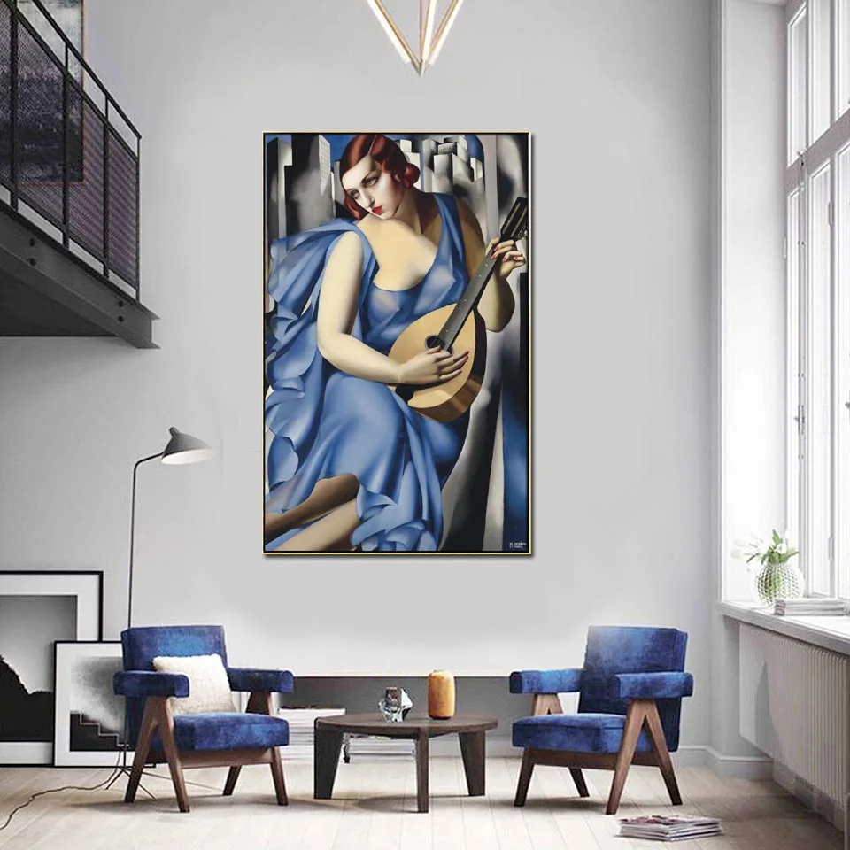 Tamara de Lempicka reproducción pintura al óleo hecha a mano, mujer azul con guitarra arte de la pared Deco, decoración del hogar famosa, envío gratis