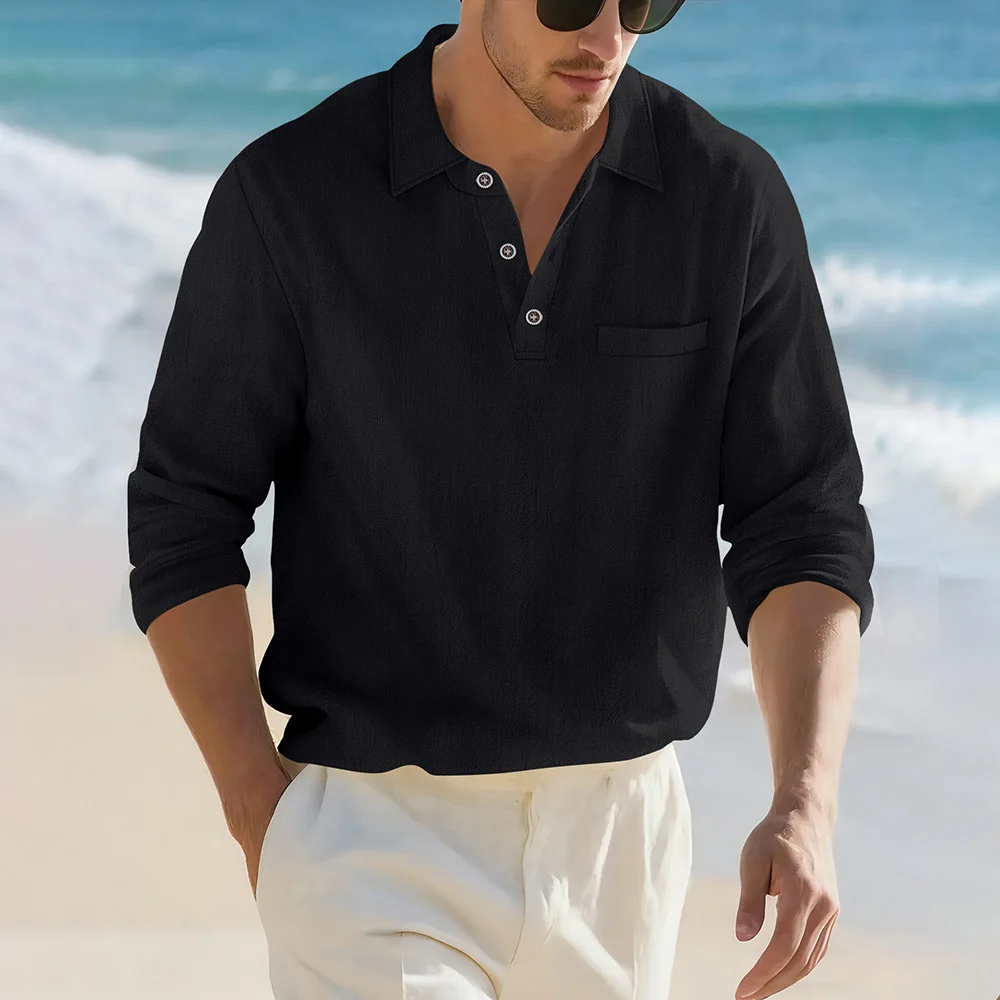 

Men's Casual Soft Lightweight Linen Cotton Lapel Shirt Spring Autumn Loose Solid Color Fashion Decorative Flap Top