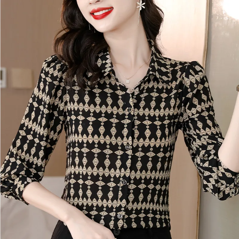 #2540 Spring 2024 Black Printed Chiffon Shirt Women Long Sleeve Vintage Office Shirt Female Regular Fit Womens Tops And Blouses