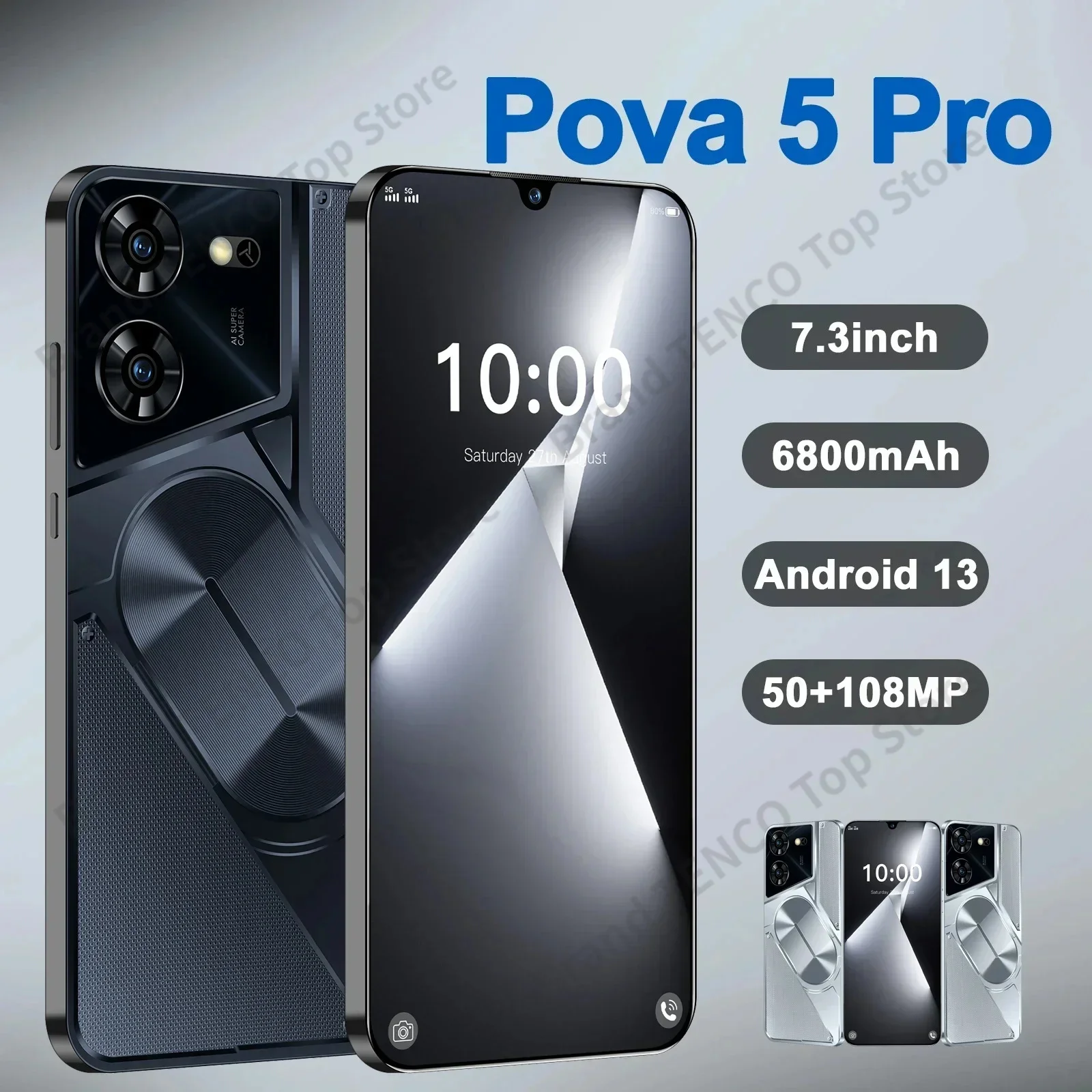 

Pova5 Pro Global Version smartphone 5g 7.3 Inch 16GB+1TB Android 13 Phone 50MP Cam 6800mAh Battery 10 Core Super Nfc used phones