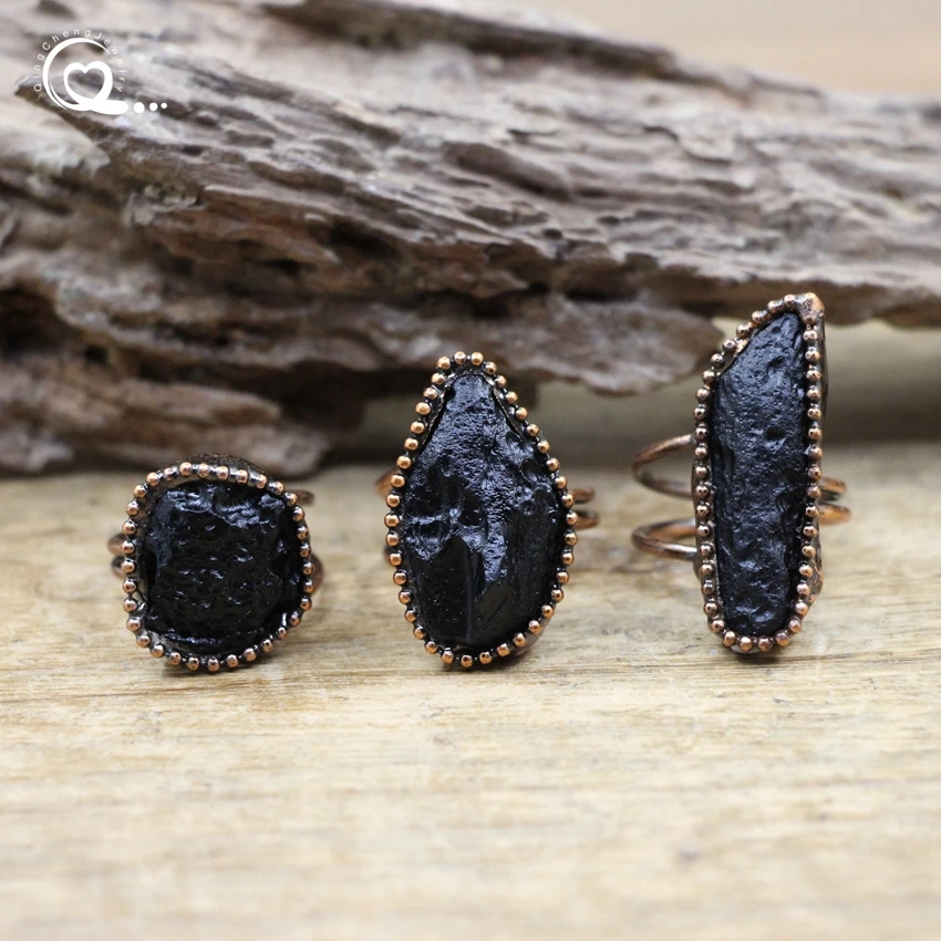 

Raw Black Tourmaline Antique Copper Rings Natural Aerolite Stone Adjustable Finger Ring Man Fashion Jewelry Gift For Her,QC4173