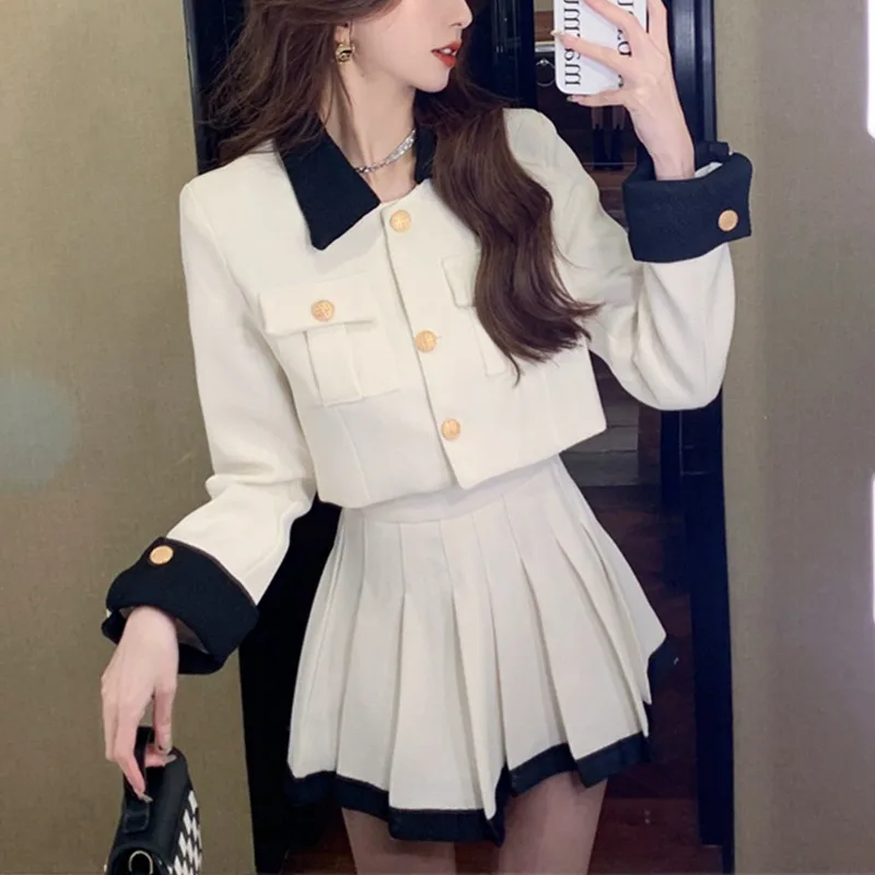 2 Pcs Sets Women Spring Sweet Girls French Style Fashion Gentle Casual Button All-match High Waist Pleated Design Prevalent Chic