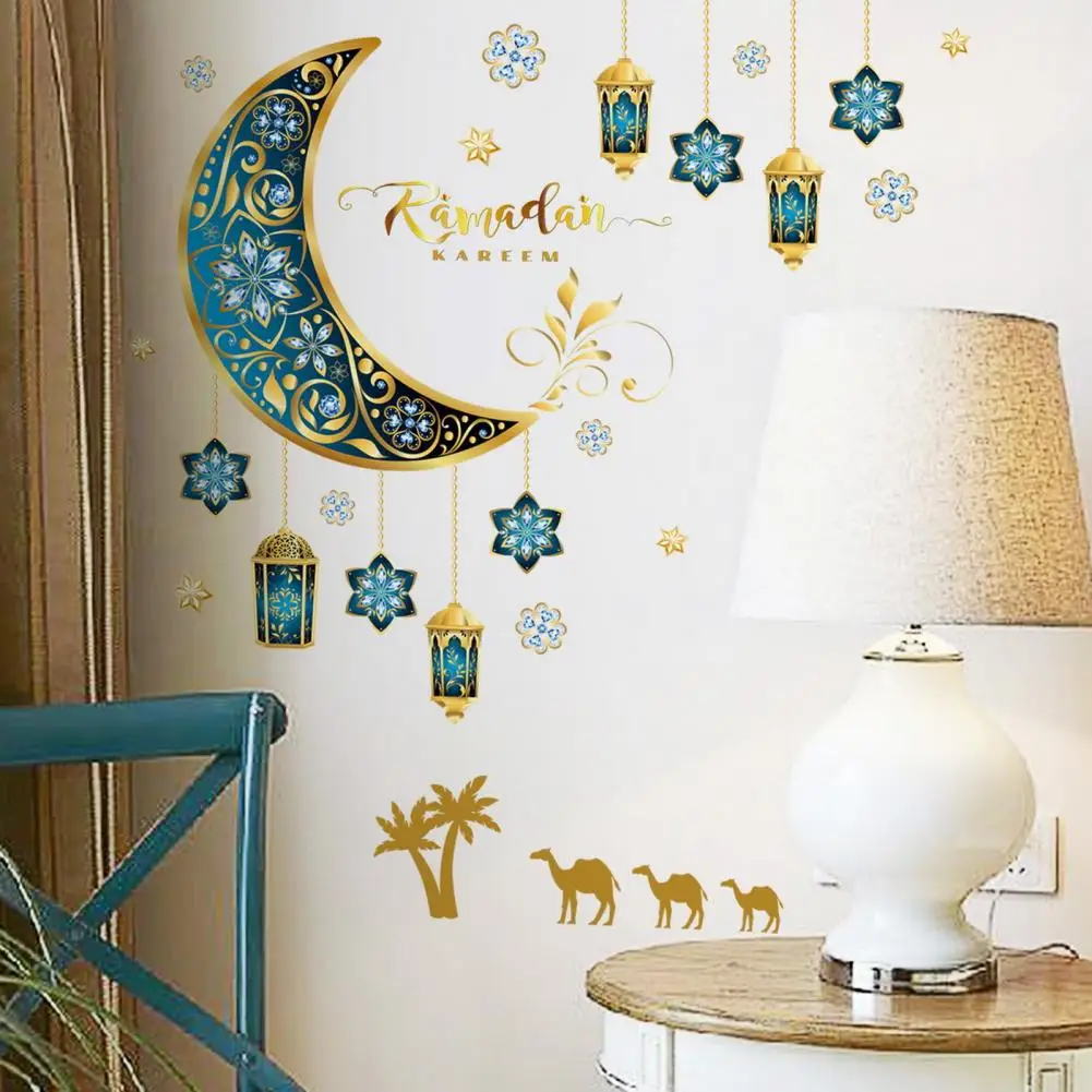 Moon Star Wall Sticker Blue Moon Star Lantern Sticker Waterproof Pvc Removable Wall Art Decal for Room Bedroom Office Festive