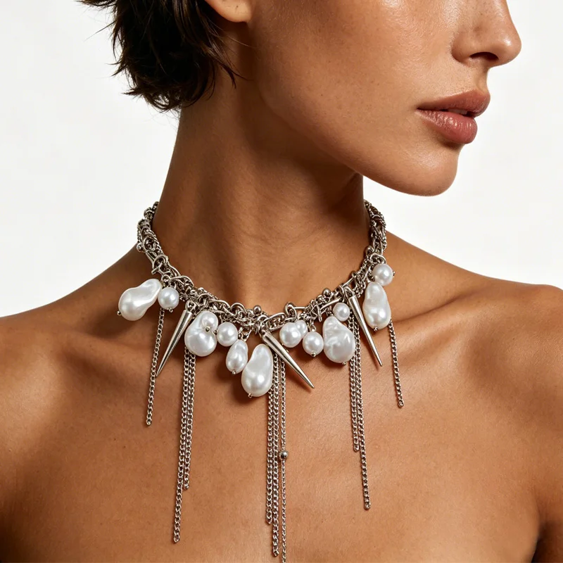 New Sweet Cool Spicy Girl Style Imitation of pearls Necklace for Women's Metal Trendy Choker Jewelry Gifts