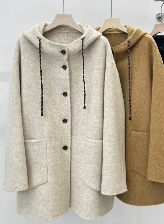 Women Hooded Midi Double Faced Wool Coat Korean Style Plus Size Loose Elegant Premium Wool Outerwear Autumn Winter Fashion Warm