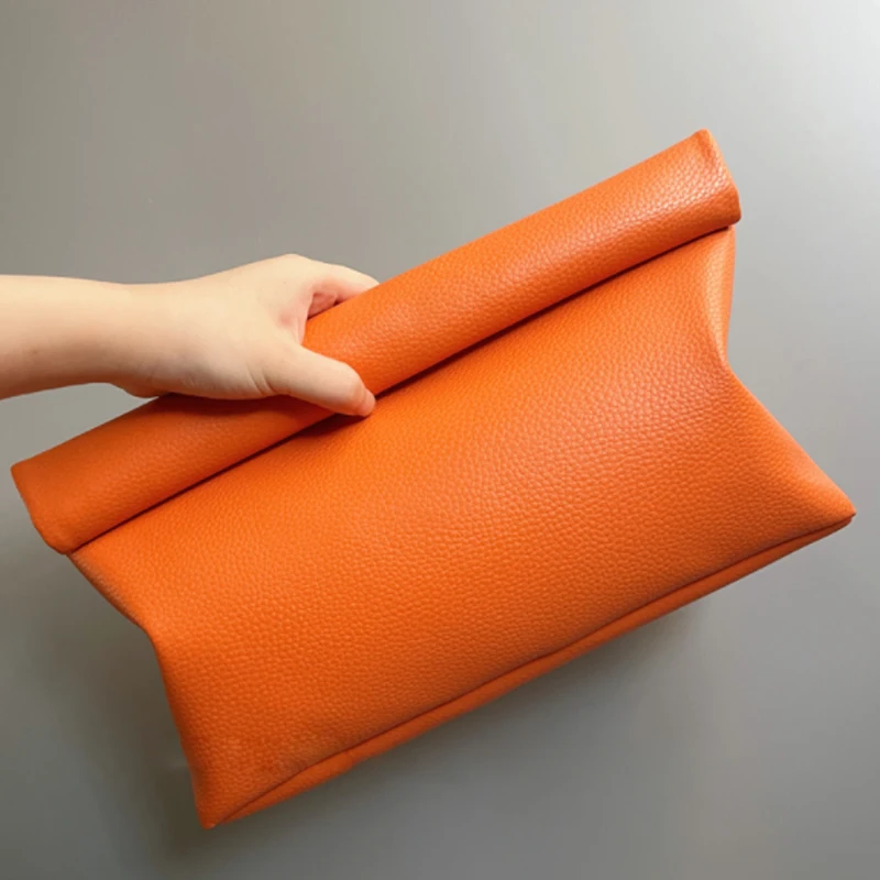 Orange Simple Soft PU Leather Rolled Edge Clutch Bag Women Handbag Retro Casual Makeup Women Bag Cip Bag