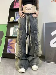 2024 New American hip-hop Vintage baggy jeans women's Harajuku high waist Y2K wide-leg pants Gothic wide pants Streetwear pants