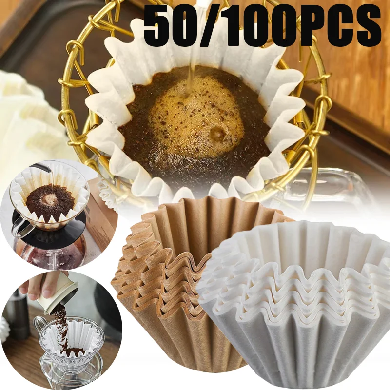 50PCS Coffee Filters Paper Drip Type Hand Brew Coffee Wood Pulp Filter Drip Paper Ripple Type Origami Cake Bowl Type Filter Cup