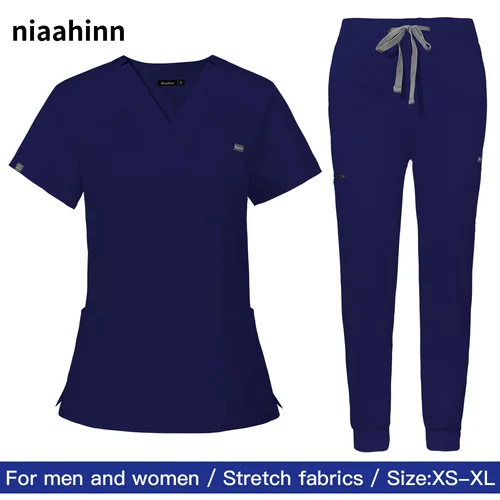 Imagen 1 del producto Uniforme para enfermería de médico de Hospital para mujer, venta al por mayor, pantalón corto informal de manga corta con cuello en V, trajes para correr, uniformes médicos de trabajo para enfermera y farmacia