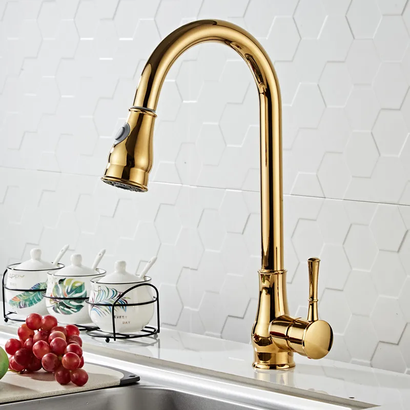 All copper kitchen hot and cold faucet splash proof household pull-out rotatable vegetable basin sink faucet gold