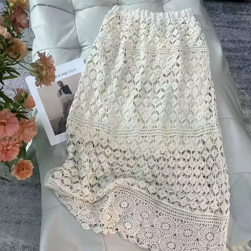 Boring Honey Spring Trendy Flowy Slim-Fitting Lace-Up Embroidery Women's A-Line Long Skirt - Unique Designer Beach Vacation Chic