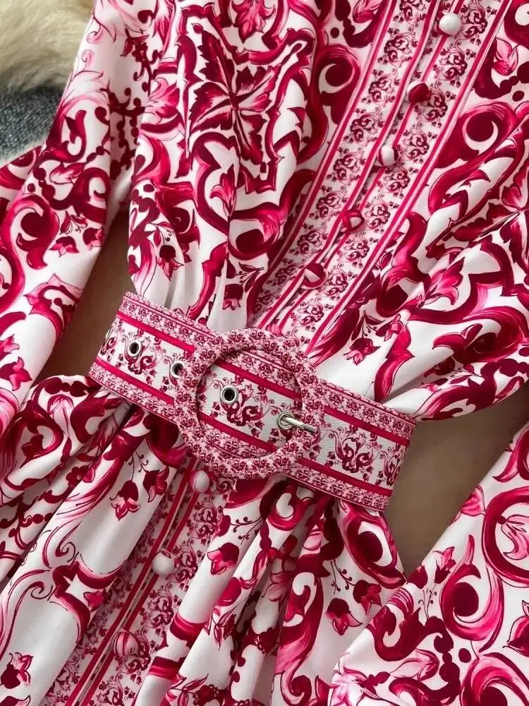 女性用磁器マキシドレス,赤,青,白,スタンドアップカラー,シングルブレスト,ベルト,ロングドレス,ルーズフィット,春と秋の休暇