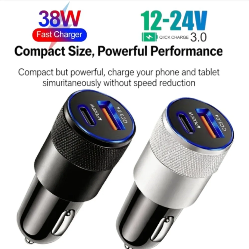 38W Dual Port Fast Car Charger Adapter Metal Mini PD28W QC18W USB C12-24V Quick Charge For iPhone Samsung Android Phone Dash Cam
