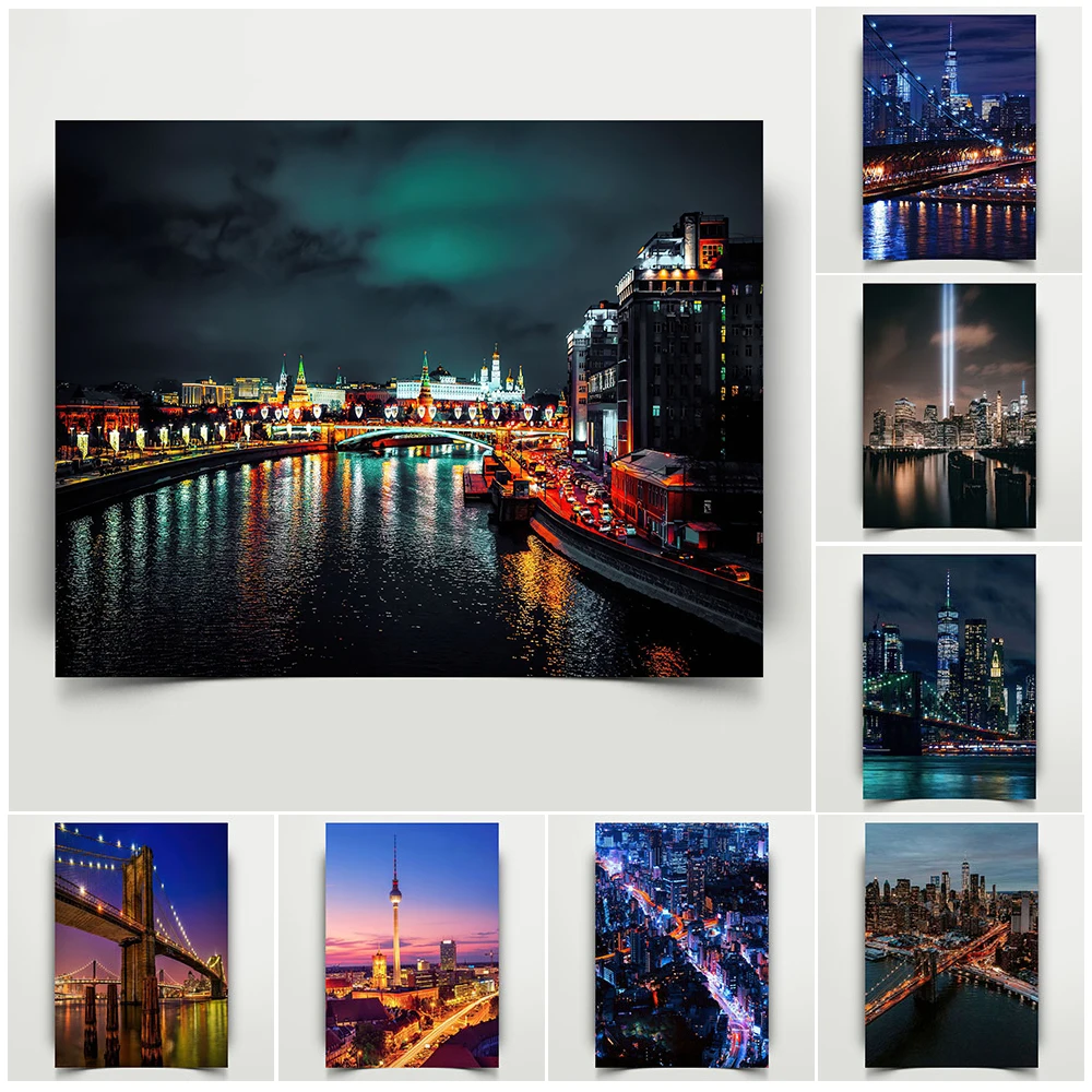 

The City Light At Night Of Berlin,Brooklyn Bridge,Moscow And New York Wall Art Print Urban Architectural Landscape Poster Print