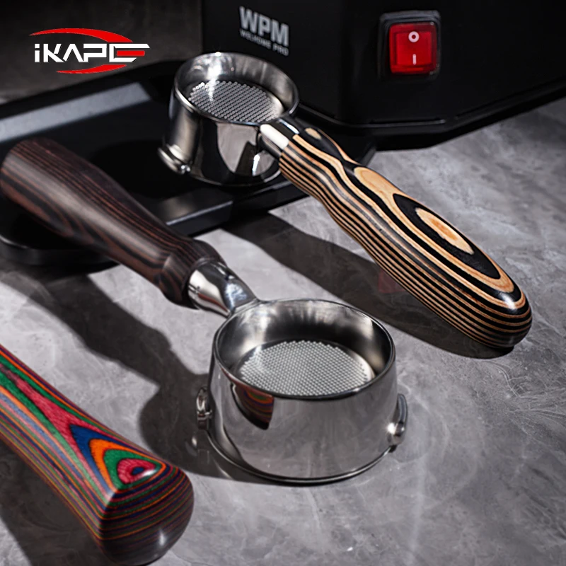 IKAPE Bottomless Portafilter for Delonghi/Barsetto/Berivlle/Lamarzocco/Flair58/ECM/Lelit/wega Colored Wooden Handle 51/54/58mm