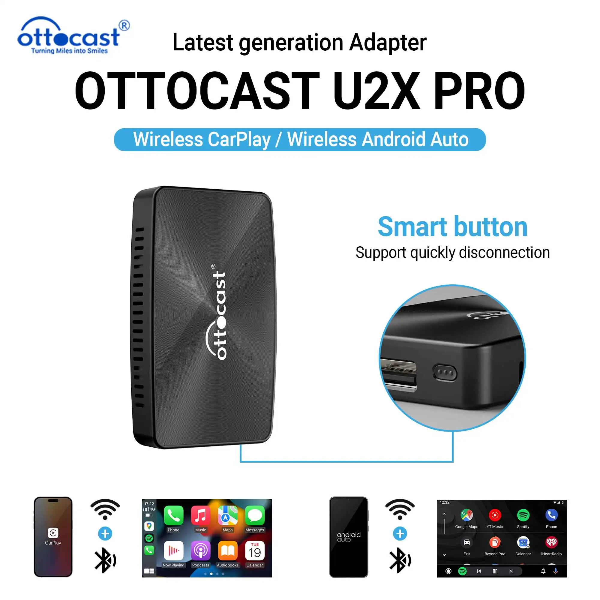 OTTOCAST U2X PRO Wireless Android Auto CarPlay Adapter 2 in1 USB Car Accessories Auto Tools for VW Buick Chery Jeep Nissan 2024