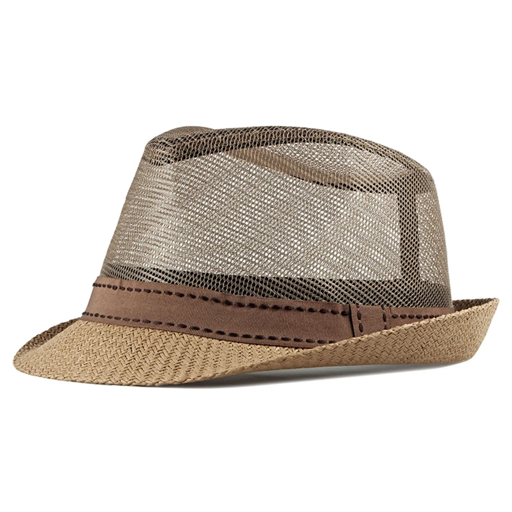 Men\'s Spring Summer Mesh Breathable Fedora Straw Jazz Travel Panama Male Sun Hat Cap Holiday Beach Fishing Hats Caps