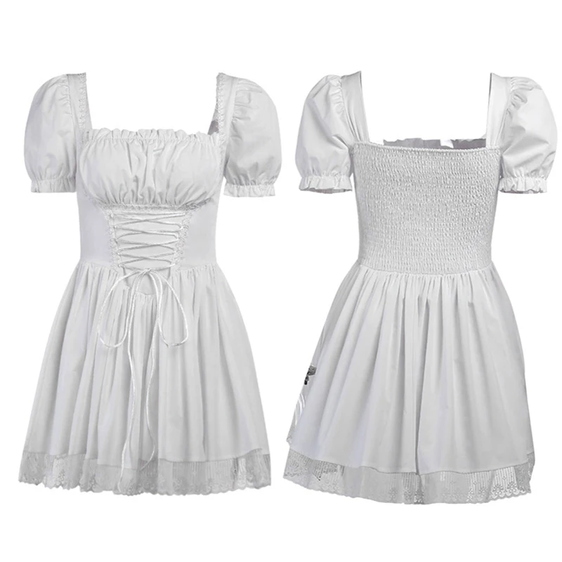 Women’s Sweet Puff Sleeve A-line Dress Summer Fairycore Lolita Solid Color Bandage Lace Trim Short Dresses for Halloween Party