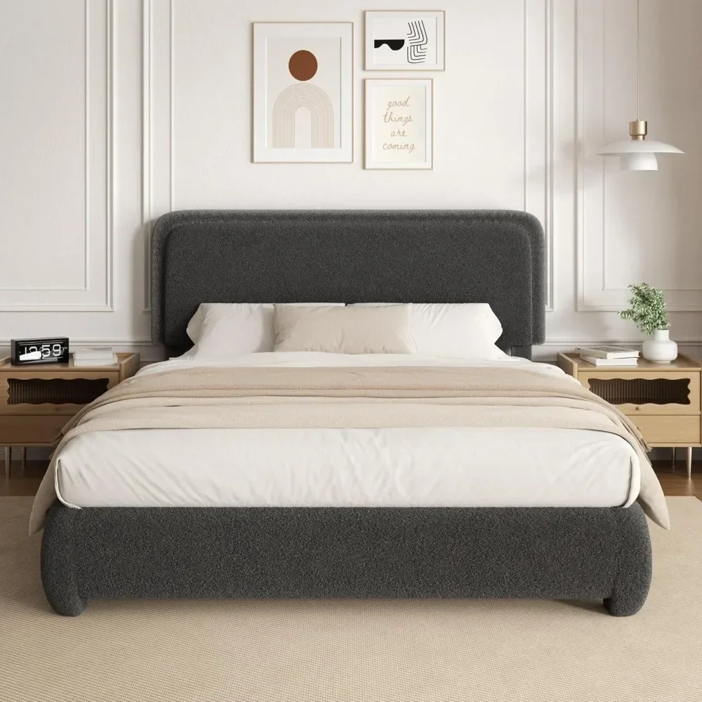 Queen Size Bed Frame, Upholstered Cloud Platform Bed Frame with Headboard, Anti-Bump Soft Rounded Corners