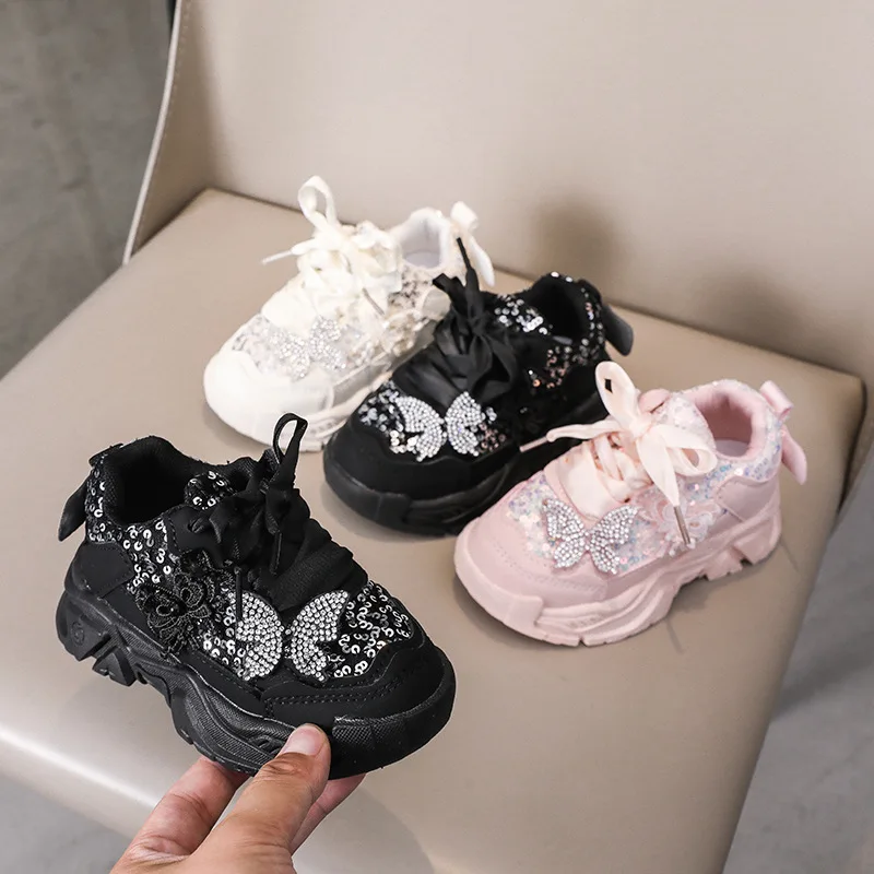 Girl's Bow Dad Shoes 1-6 Years Old 3 Soft Sole Anti-Slip Running Shoes for Girls Kids Versatile Sports Shoes