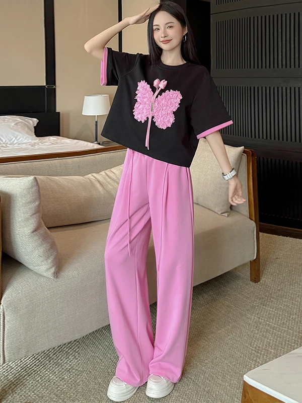 

Loose Sportswear Set Women's Summer Casual Slimming Black Short Sleeve T-shirt Pink Wide Leg Pants Two Piece Set Fashionable ...