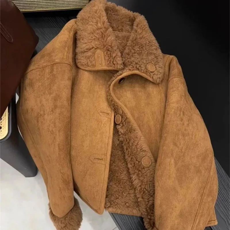 Women Faux Fur Jacket Coffee Colored Small Fragrant Style Lamb Wool Jacket Retro Casual 2026 Winter New Warm Coat Top Female