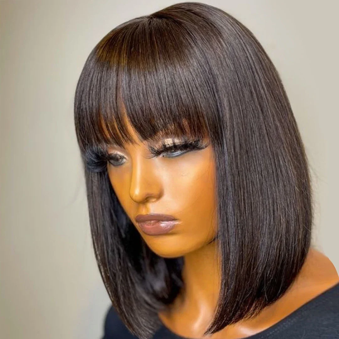 

Brazilian Short Bob Wig With Bangs Cheap Fringe Wig Full Machine Made Wig For Women Straight Human Hair Wigs Remy Hair Wig Sale
