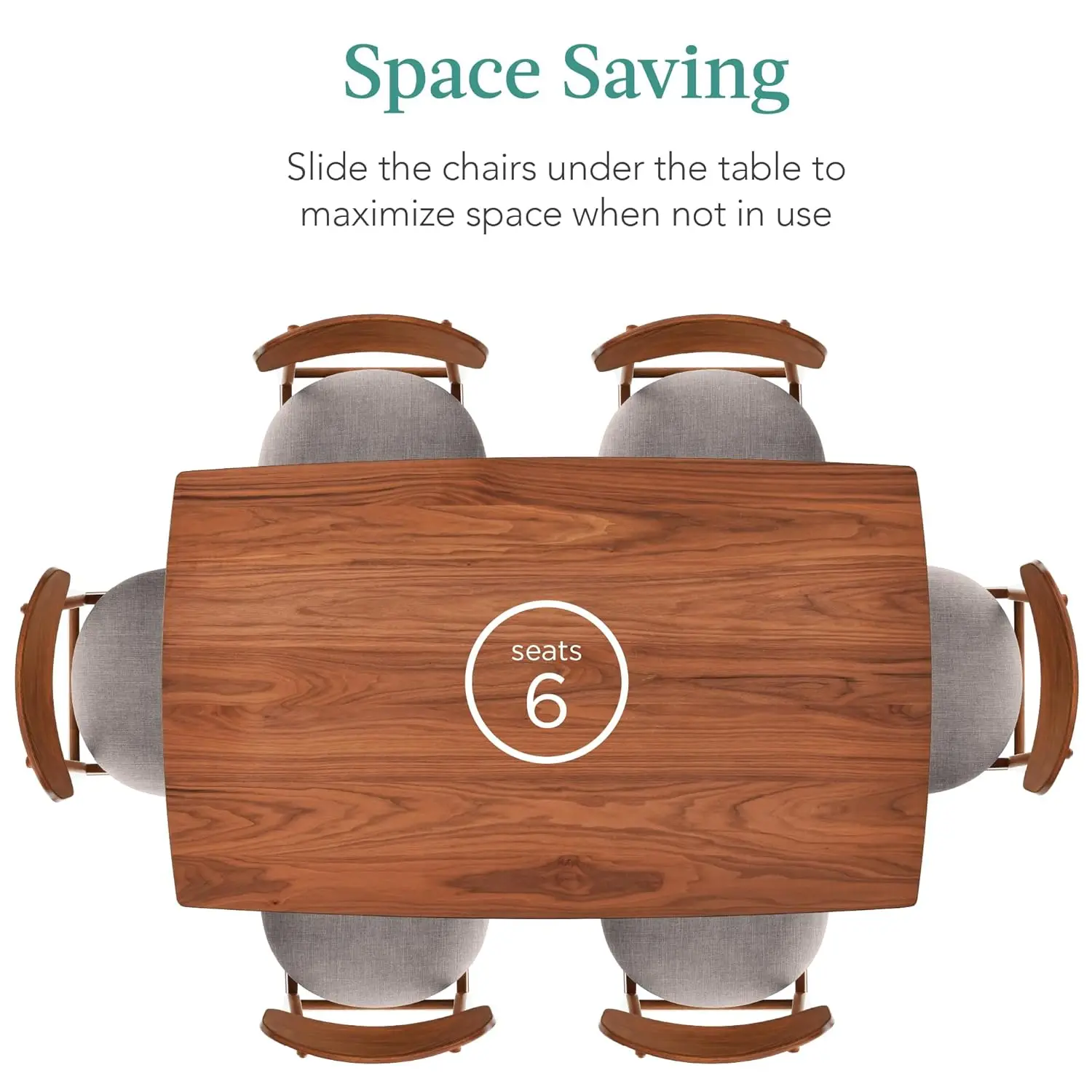 7pc Wooden Dining Set Mid-Century Kitchen Table & 6 Upholstered Chairs Curved Backrest Rounded Corners Walnut Customized