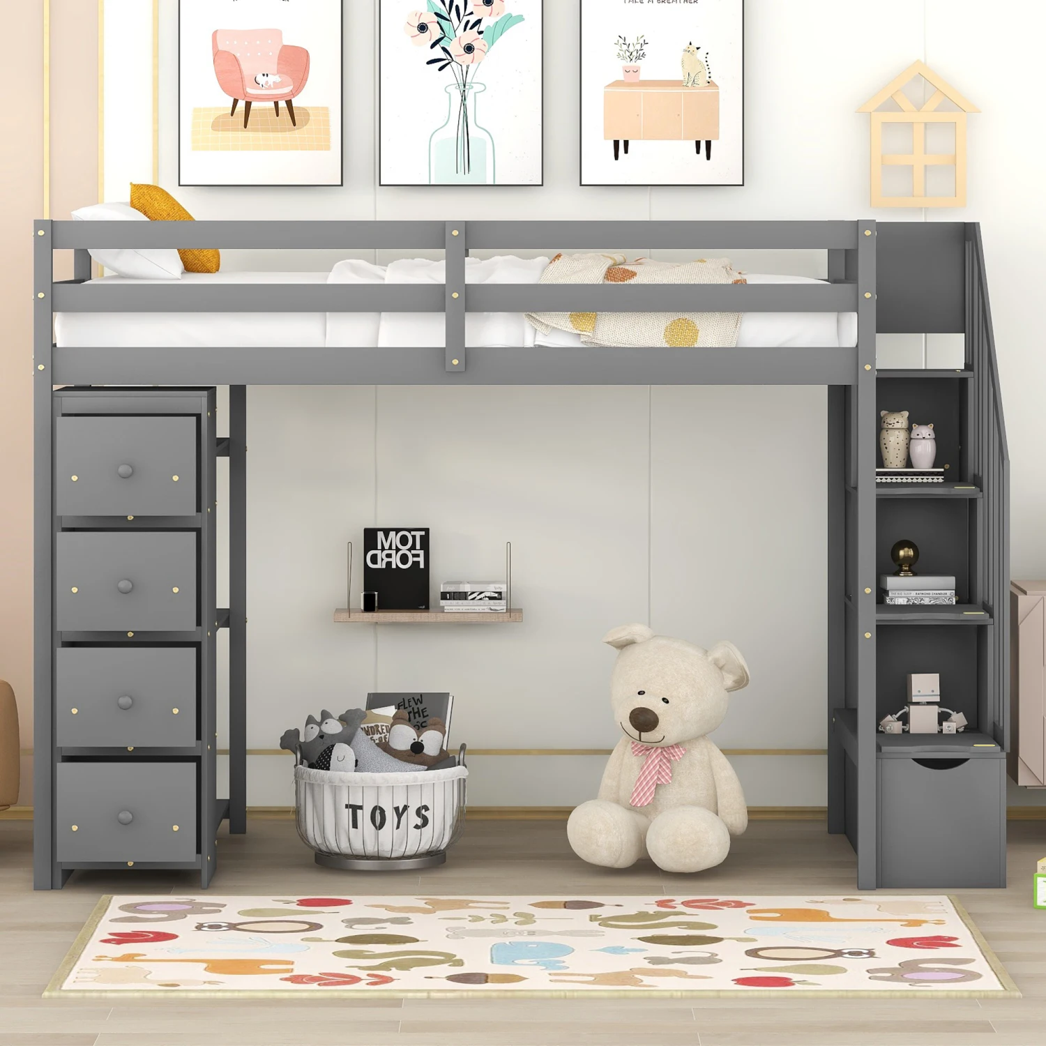 

Twin Loft Bed Storage Drawers Stairs Shelves Gray