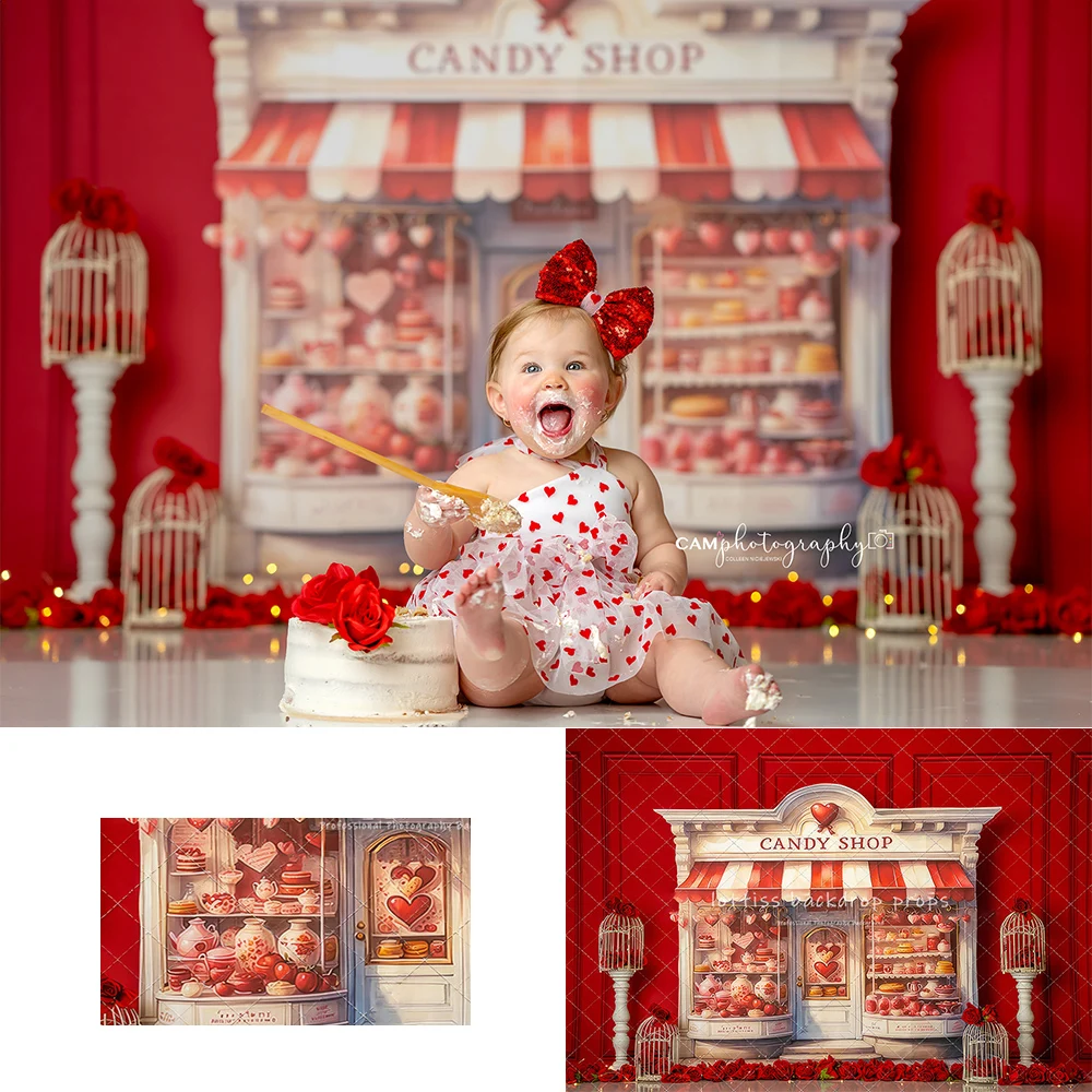 Valentine's Day One Cute Candy Store Backdrops Kids Baby Birthday Cake Smash Photography Red Heart Valentine Backgrounds