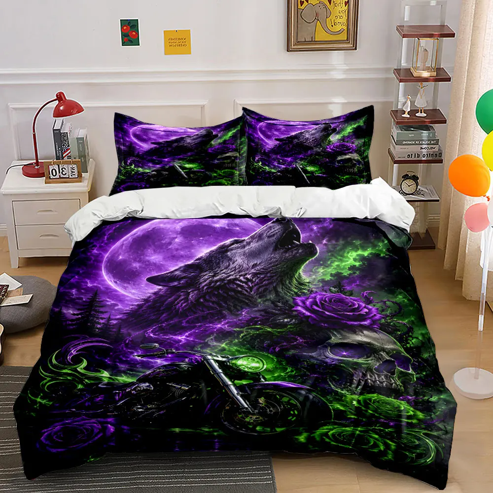 Purple Wolf Moon Skull Motorcycle Duvet Print Bedding Set 1 Duvet Cover 2 Pillowcases for Adult and Children Luxury Gift