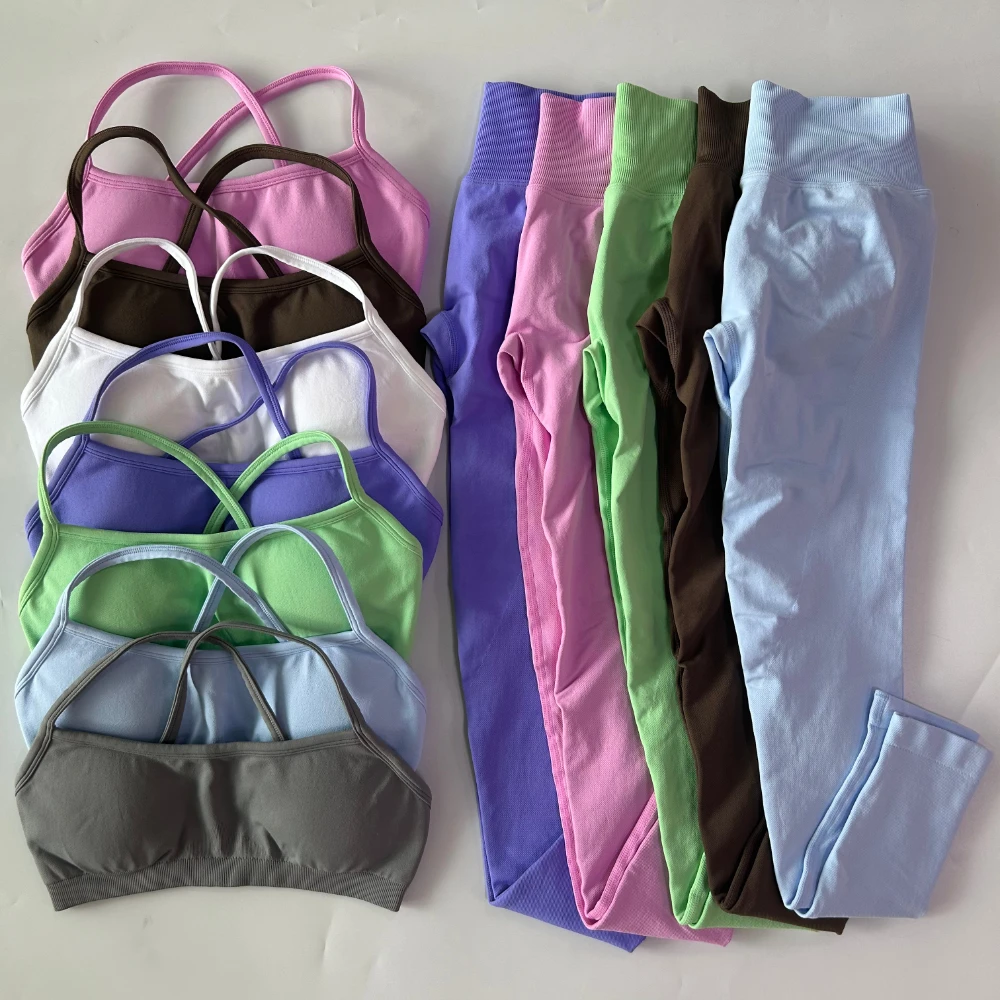 2-teiliges Gym-Set für Damen, Nahtlose Scrunch-Yoga-Leggings, Rückenfreier Sport-BH, Fitness-Workout-Top, Yoga-Set-Outfits – Detail 17