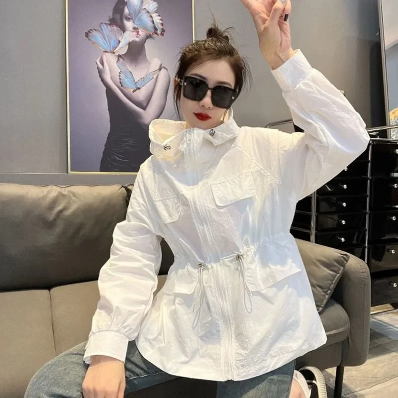 

Summer Korean Style Windbreak Women's Spring Jackets Slim Sunscreen Clothing White Hooded Coat Zipper Jacket Femme Thin