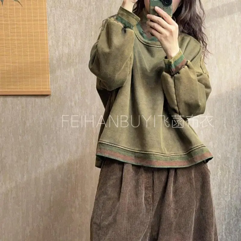 جديد الخريف الشتاء الفنون نمط المرأة طويلة الأكمام الياقة المدورة البلوفرات فضفاضة كل المتطابقة عادية رشاقته الدافئة هوديي جودة عالية