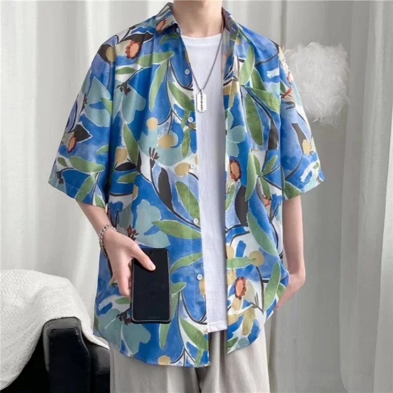 Summer Men's Vintage Short Sleeve Floral Shirt Oversized Loose Fitting Handsome Seaside Vacation Beach Printed Shirt