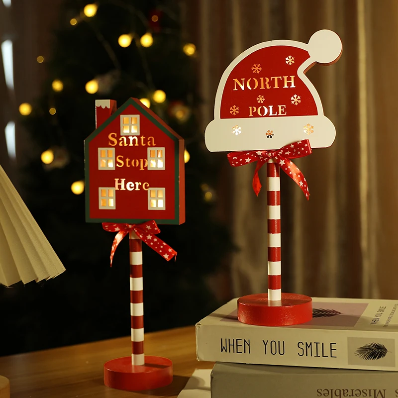 Merry Christmas Retro Lamp LED Light Santa Stop Here Street Sign Wooden Desktop Decoration For Home Navidad New Year Kids Gift