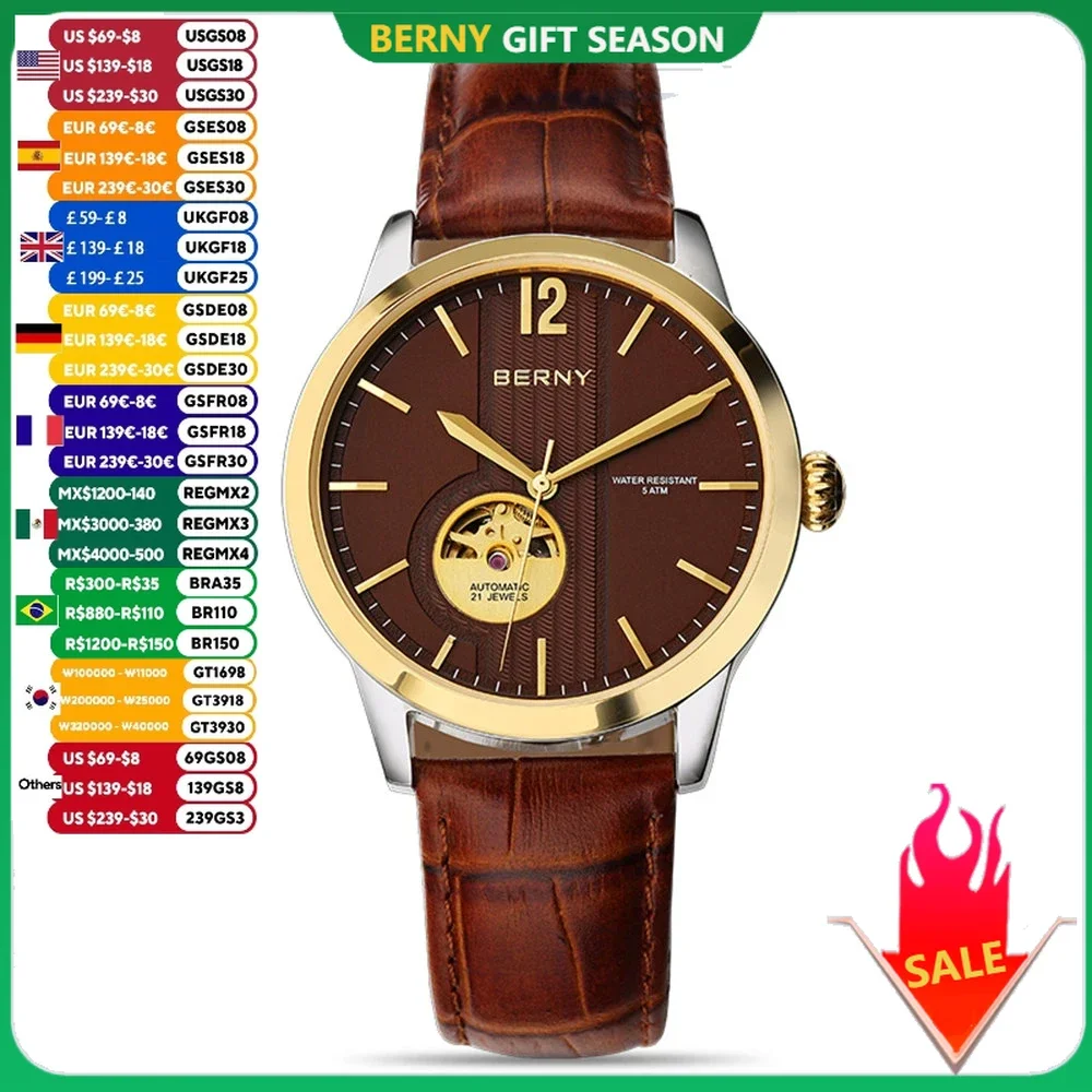 BERNY Men Watch Automatic Mechanical Self-Wind Luxury Gold Watches for Men Sapphire Stainless Steel 5AMT Leather Strap Skeleton