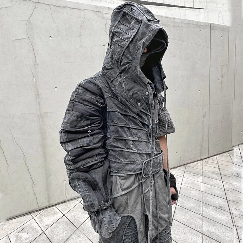 Pioneer Dune Waste Soil Asymmetric Deconstruction Heavy Distressed Hooded Jacket Men Function Style Coat