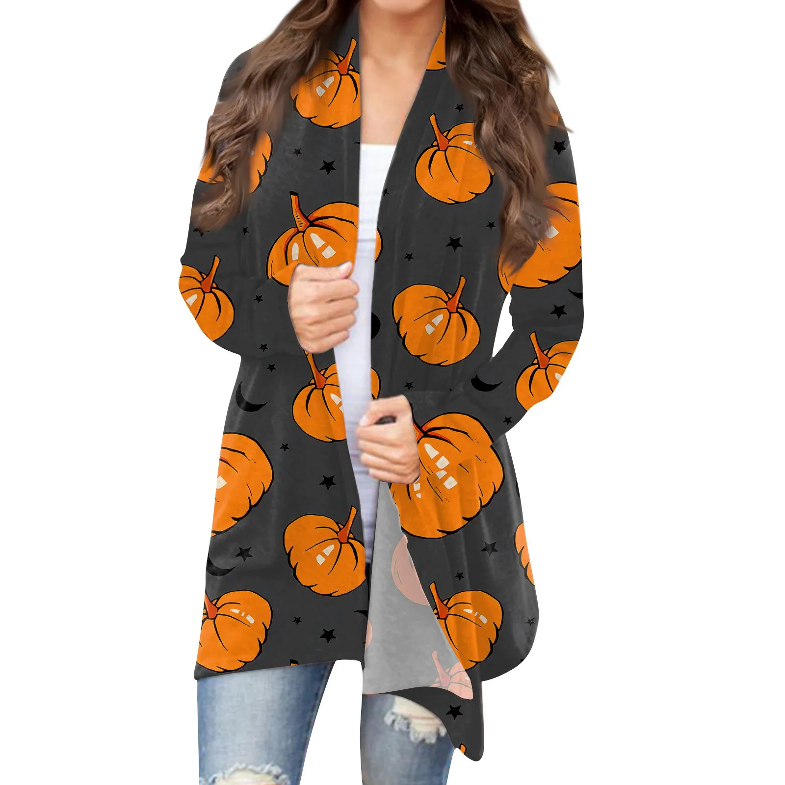 Tops Mujer Women\'S Fashion Casual Halloween Printed Long Sleeve Mid-Length Cardigan Jacket Tops Roupas Feminina Roupa Feminina