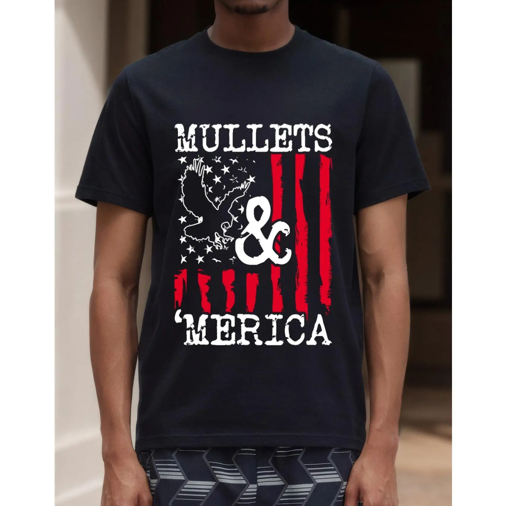 

T - shirt with a Fun American Vibe: 'Mullets & 'Merica' with Patriotic Eagle Graphic