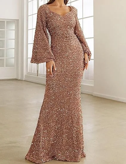 Vestido de noche de lentejuelas brillantes para mujer, Vestidos largos ajustados a la cadera con temperamento de Color sólido y manga acampanada, Vestidos de fiesta de graduación a la moda