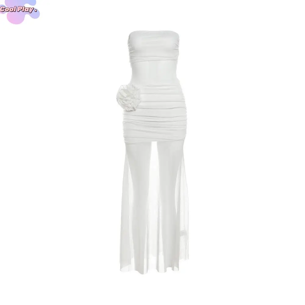 

Прозрачное длинное платье в корейском стиле с розой, плиссированное тонкое платье без рукавов, платье-топ с высокой талией для пикантных девушек, уличная одежда