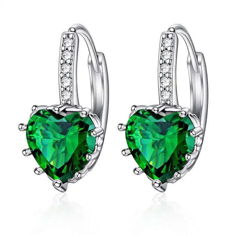 Luxury Green Simulated Nano Emerald 925 Sterling Silver Heart Ear Buckle Hoop Earring Gemstone Jewelry Girl Valentine's Day Gift