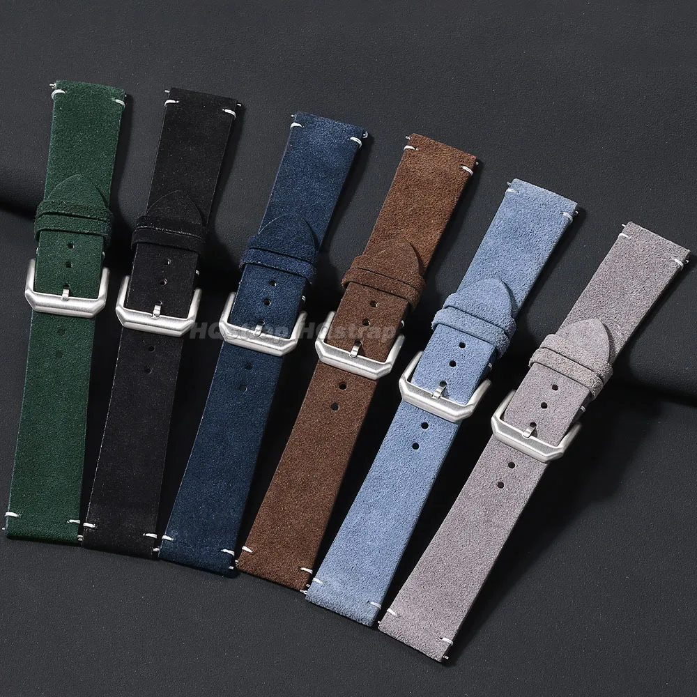 20mm 22mm Soft Suede Leather Watch Strap Smart Watch Band Vintage Quick Release Wristband for Women Men Blue Brown Bracelet