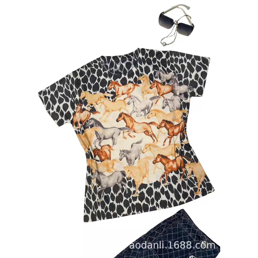 2025 Horses Printed T Shirts Women Summer Clothes Casual Cartoon Pattern Female Short Sleeve O Neck Slim Fit Tops Женская Одежда