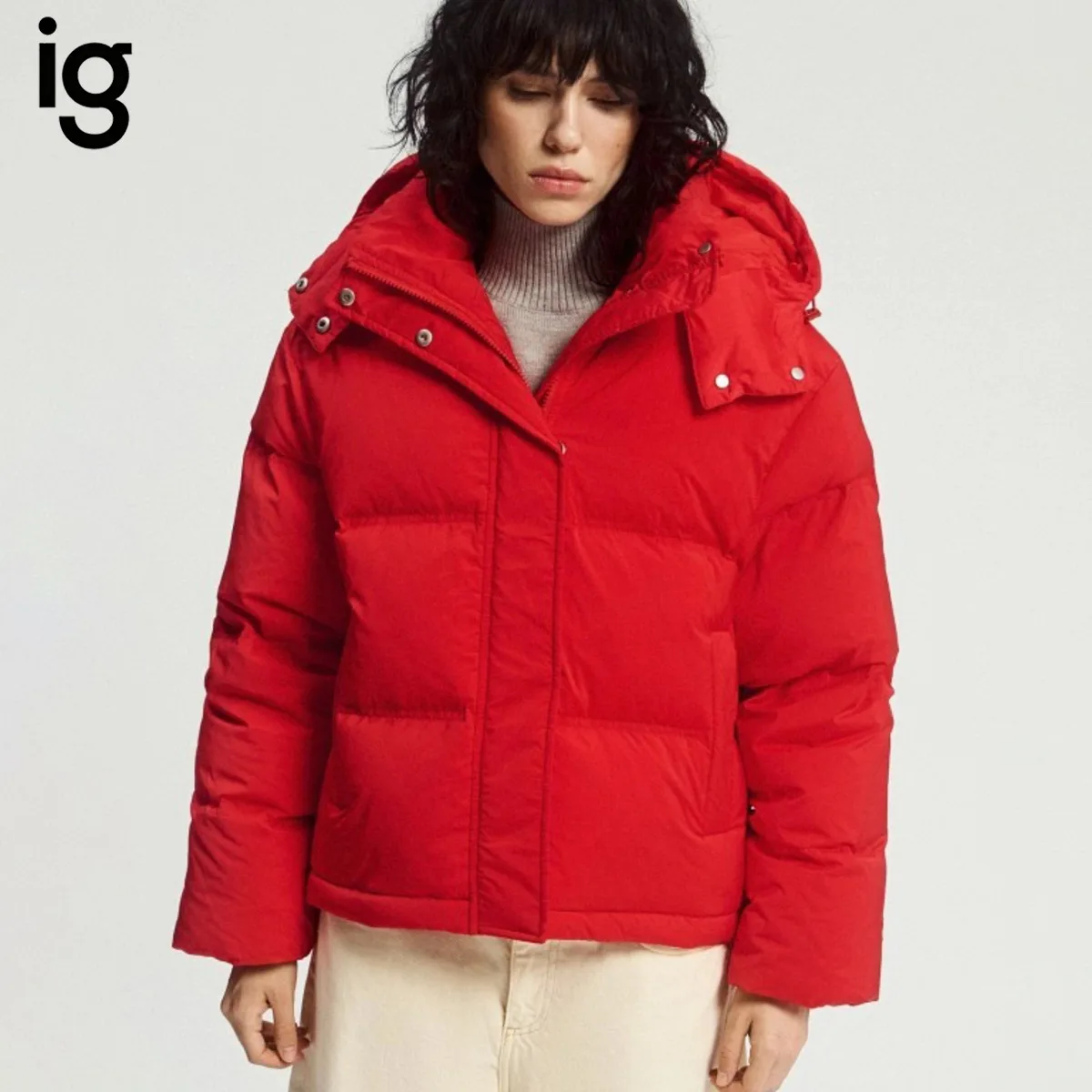 IG Women Red Cropped Hooded Puffer Jacket with Zip Snap Closure, Side Pockets Quilted Padded Winter Warm Casual Loose Outerwear